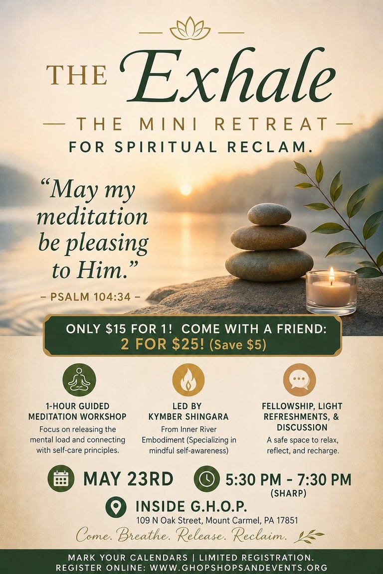 Flyer for The Exhale mini retreat on May 23rd featuring meditation, pricing information, and event details at G.H.O.P. location