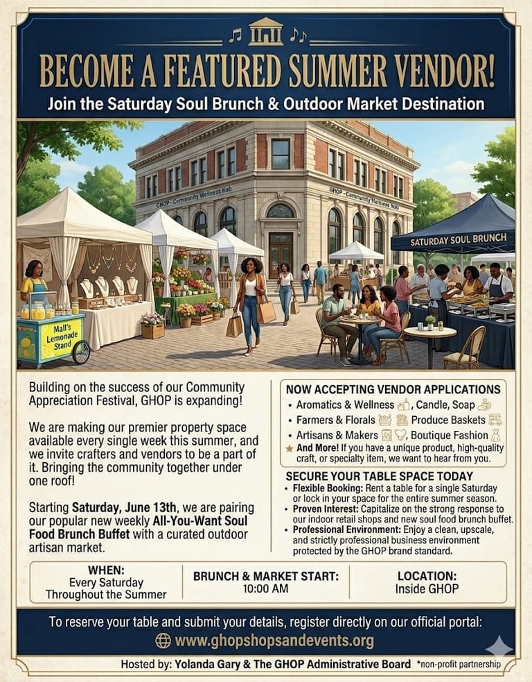 Promotional flyer for Saturday Soul Brunch and Outdoor Market vendor application at historic brick building with white tents and people dining outdoors