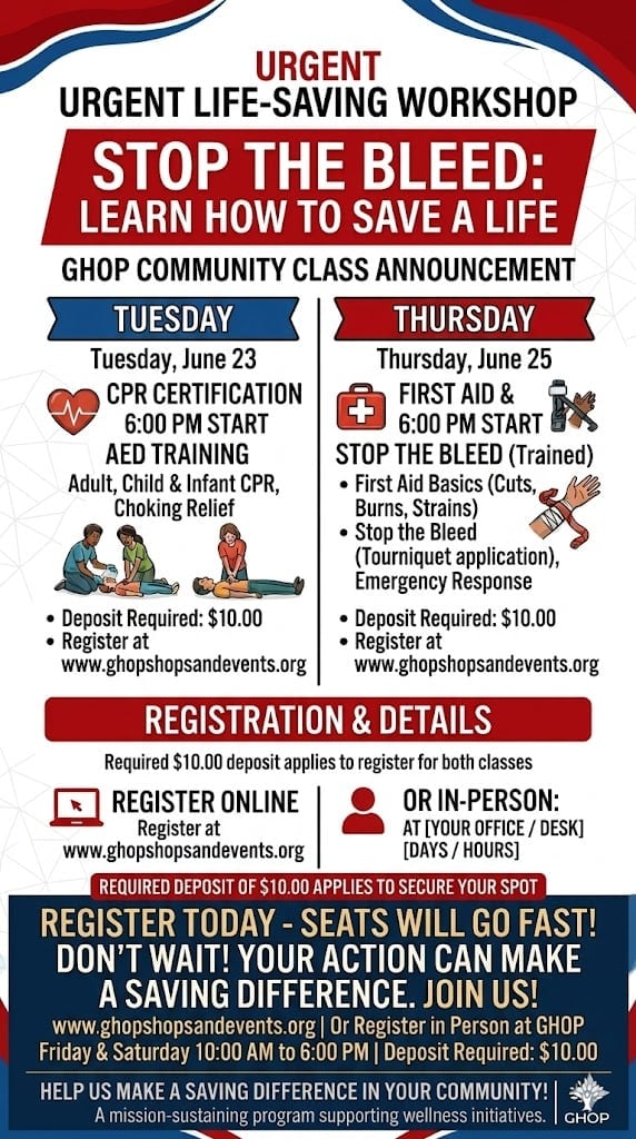 Flyer for urgent life-saving workshop offering CPR certification on Tuesday and First Aid training on Thursday, both starting at 6 PM with $10 deposit required